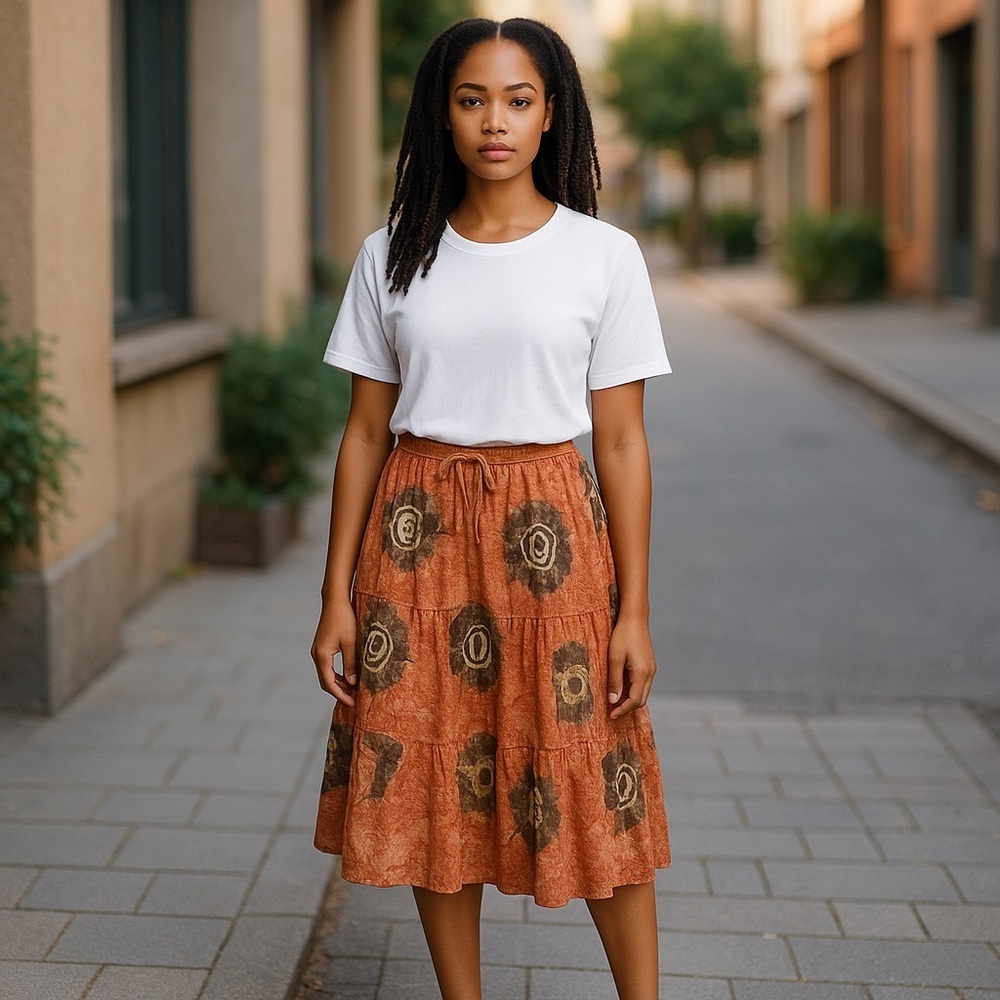 Pink Apple Orange TieDye Ruffle Elastic Waist Skirt Medium